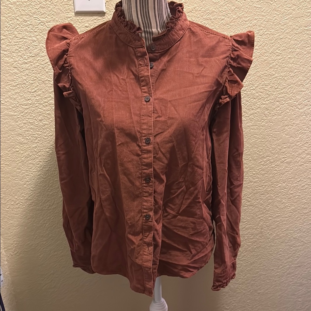 Women's Ruffled Button-Up Top - Rust